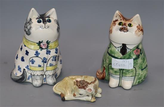 Two Rye pottery cats by Joan de Bethel and a Studio pottery calf tallest 18cm
